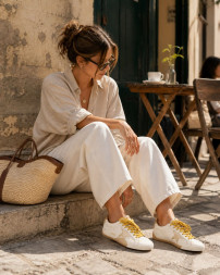 Golden Goose True-Star in White Nappa Leather With Gold Star and Beige Suede Heel Tab