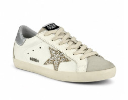 Golden Goose Super-Star With Gold Glitter Star and Ice-Gray Suede Inserts