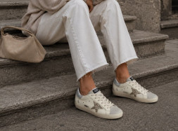 Golden Goose Super-Star With Gold Glitter Star and Ice-Gray Suede Inserts