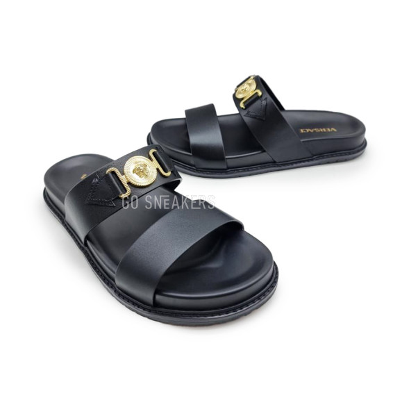 Мужские шлепки Versace Flip-flops Leather Black/Gold Logo