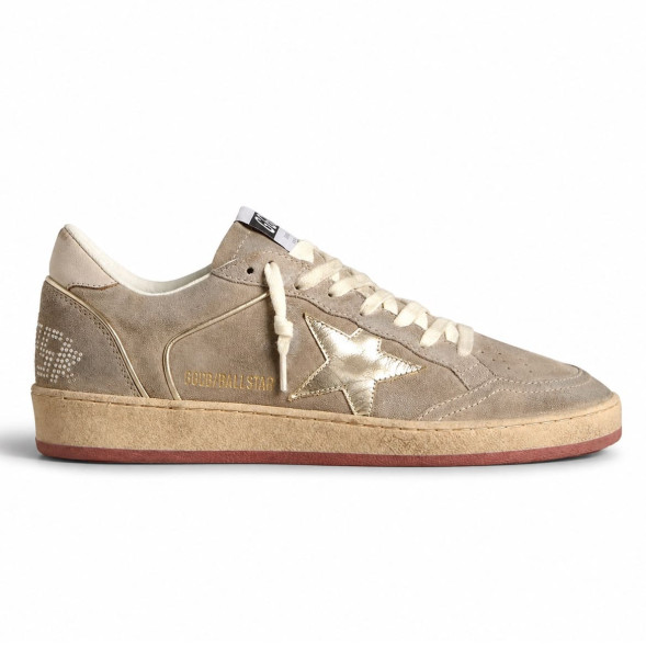 Женские кеды Golden Goose Ball Star Beige Suede with Gold metallic leather star and Bead lettering