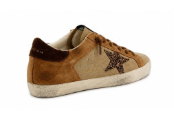 Golden Goose Super-Star in Beige and Brown Suede Wth Brown Glitter Star